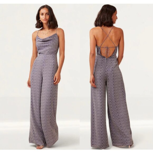 New Finders Keepers Pantsuit Jumpsuit Wide Flare Leg Cowl Neck Wedding Guest - Picture 16 of 16